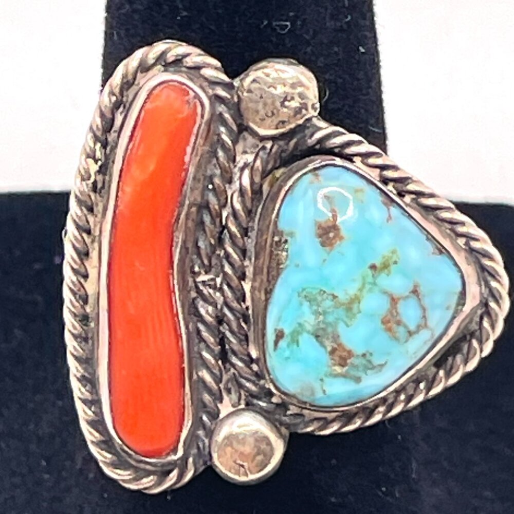 Vintage Signed Native American Silver Turquoise Coral Ring 5 1/2 - Picture 5 of 15